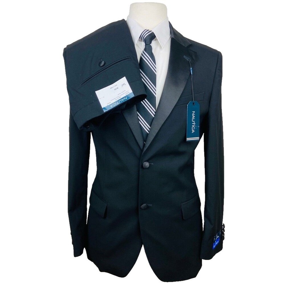 $395 NEW NAUTICA Mens 48L Solid Black 2 Piece Tuxedo Suit With Dress Pants 43x33